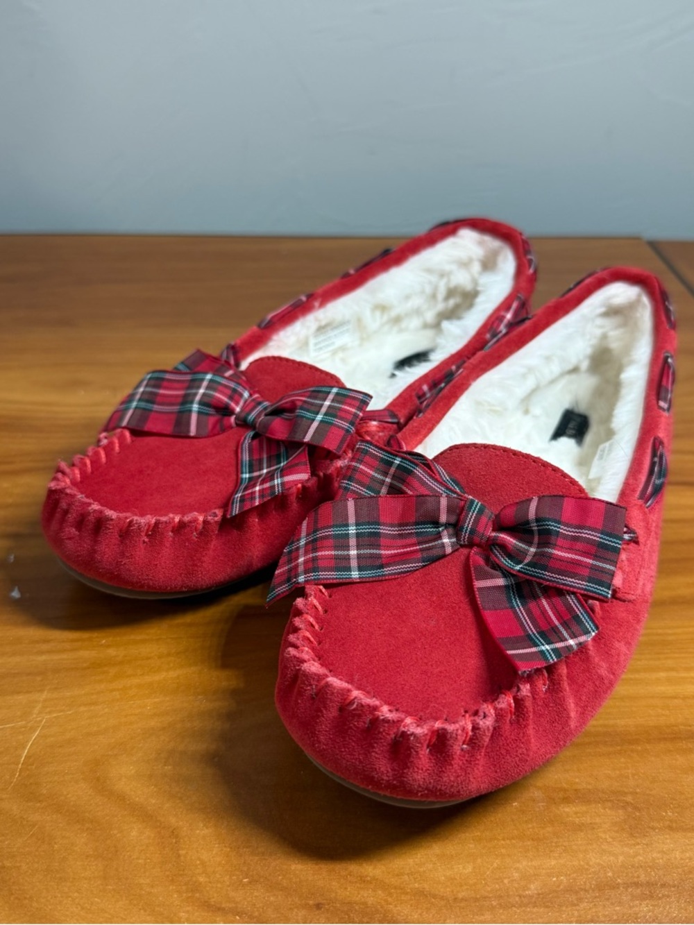 Talbots Ruby Bow Suede‎ Moccasin Tartan Leather Slip On Plaid Bow Holiday Sherpa